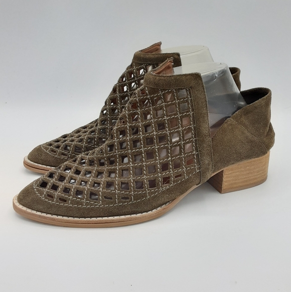 Jeffrey Campbell Taggart Olive Green Suede Cutout Stacked Heel Booties. - Picture 8 of 16